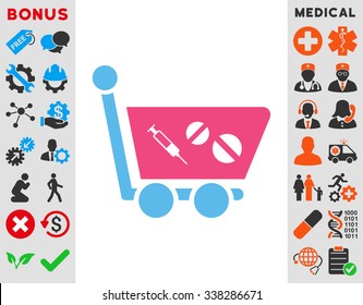 Medication Shopping Cart vector icon with bonus. Style is bicolor flat symbol, pink and blue colors, rounded angles, white background.