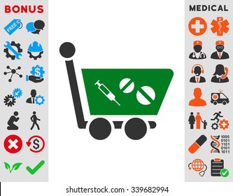 Medication Shopping Cart vector icon with bonus. Style is bicolor flat symbol, green and gray colors, rounded angles, white background.