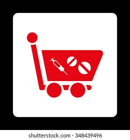 Medication Shopping Cart vector icon. Style is flat rounded square button, red and white colors, black background.