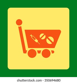 Medication Shopping Cart vector icon. Style is flat rounded square button, orange and yellow colors, green background.