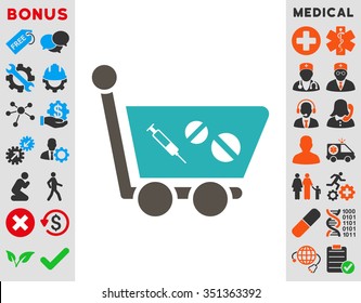 Medication Shopping Cart vector icon. Style is bicolor flat symbol, grey and cyan colors, rounded angles, white background.