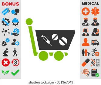 Medication Shopping Cart vector icon. Style is bicolor flat symbol, eco green and gray colors, rounded angles, white background.