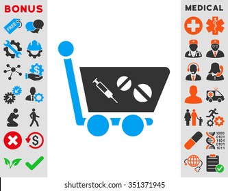 Medication Shopping Cart vector icon. Style is bicolor flat symbol, blue and gray colors, rounded angles, white background.