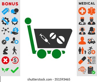 Medication Shopping Cart vector icon. Style is bicolor flat symbol, green and gray colors, rounded angles, white background.