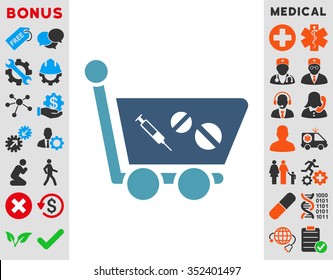 Medication Shopping Cart vector icon. Style is bicolor flat symbol, cyan and blue colors, rounded angles, white background.