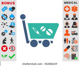 Medication Shopping Cart vector icon. Style is bicolor flat symbol, cobalt and cyan colors, rounded angles, white background.