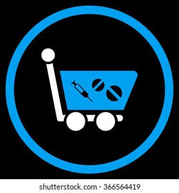 Medication Shopping Cart vector icon. Style is bicolor flat circled symbol, blue and white colors, rounded angles, black background.