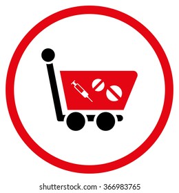 Medication Shopping Cart vector icon. Style is bicolor flat circled symbol, intensive red and black colors, rounded angles, white background.