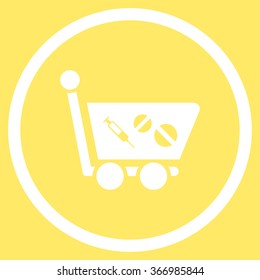 Medication Shopping Cart vector icon. Style is flat circled symbol, white color, rounded angles, yellow background.