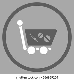 Medication Shopping Cart vector icon. Style is bicolor flat circled symbol, dark gray and white colors, rounded angles, silver background.