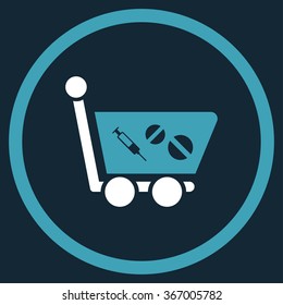 Medication Shopping Cart vector icon. Style is bicolor flat circled symbol, blue and white colors, rounded angles, dark blue background.