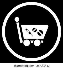 Medication Shopping Cart vector icon. Style is flat circled symbol, white color, rounded angles, black background.