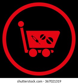 Medication Shopping Cart vector icon. Style is flat circled symbol, red color, rounded angles, black background.