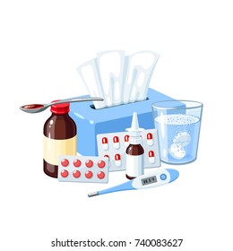 Medication for sore throat, flu, influenza, cough: medicine syrup, ice bag, lozenges, pills, capsules, drugs. Vector illustration cartoon icon poster on white.