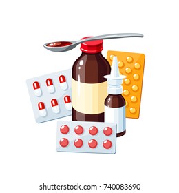 Medication for sore throat, flu, runny nose, influenza, cough: medicine syrup, nasal spray, pills, capsules, drugs. Vector illustration cartoon icon poster on white.