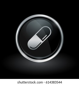 Medication symbol with capsule icon inside round chrome silver and black button emblem on black background. Vector illustration.