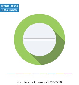 Medication tablet flat icon with long shadow. Vector Illustration.