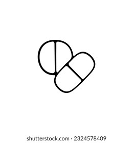 Medication Tablets Icon. Pharmaceutical products, medication, pills, capsules, prescription drugs. Vector black line icon