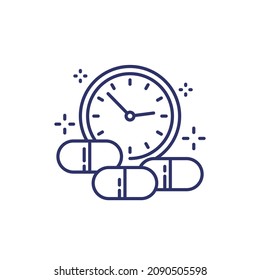 icono de línea de tiempo de medicación con píldoras y reloj