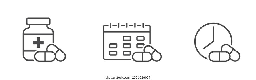 Medication time line icon set. Pill schedule reminder. Health care isolated vector images in simple style