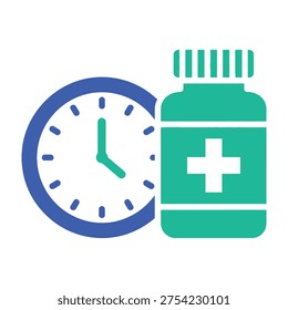 Medication timing icon with clock and green pill bottle