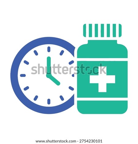 Medication timing icon with clock and green pill bottle