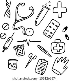 Medication and treatment hand drawn vector set in simple comic style. Thermometer, stethoscope, pills. Objects about illness, flue on white background. Medicine elements. Doodle vector illustration.