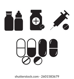 Medication Vector Icon Set, Pills, Bottles, Syringe, Black and White, Isolated on White