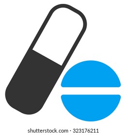 Medication vector icon. Style is bicolor flat symbol, blue and gray colors, rounded angles, white background.