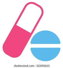 Medication vector icon. Style is bicolor flat symbol, pink and blue colors, rounded angles, white background.