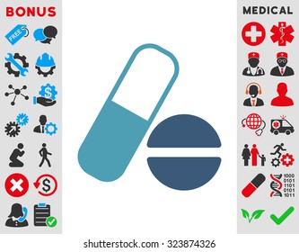 Medication vector icon. Style is bicolor flat symbol, cyan and blue colors, rounded angles, white background.