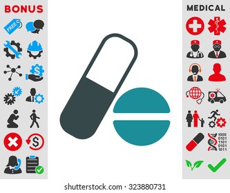 Medication vector icon. Style is bicolor flat symbol, soft blue colors, rounded angles, white background.
