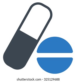 Medication vector icon. Style is bicolor flat symbol, smooth blue colors, rounded angles, white background.