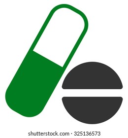 Medication vector icon. Style is bicolor flat symbol, green and gray colors, rounded angles, white background.