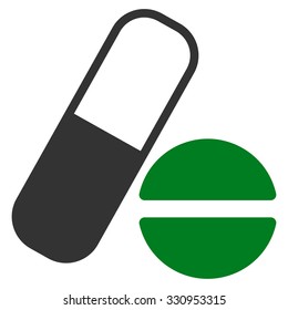 Medication vector icon. Style is bicolor flat symbol, green and gray colors, rounded angles, white background.
