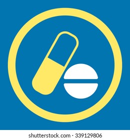 Medication vector icon. Style is bicolor flat rounded symbol, yellow and white colors, rounded angles, blue background.