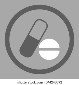 Medication vector icon. Style is bicolor flat rounded symbol, dark gray and white colors, rounded angles, silver background.