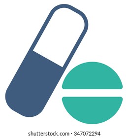 Medication vector icon. Style is bicolor flat symbol, cobalt and cyan colors, rounded angles, white background.