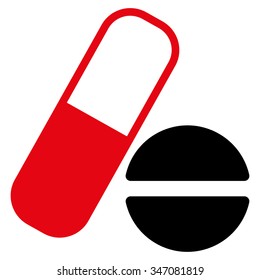 Medication vector icon. Style is bicolor flat symbol, intensive red and black colors, rounded angles, white background.