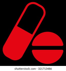 Medication vector icon. Style is flat symbol, red color, rounded angles, black background.