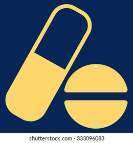 Medication vector icon. Style is flat symbol, yellow color, rounded angles, blue background.