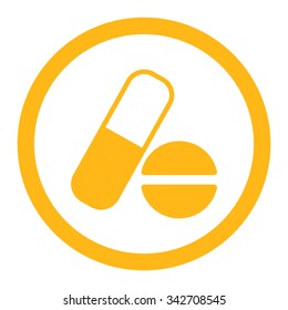 Medication vector icon. Style is flat rounded symbol, yellow color, rounded angles, white background.