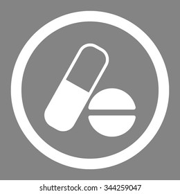 Medication vector icon. Style is flat rounded symbol, white color, rounded angles, gray background.