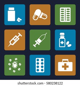 medication vector icons. Set of 9 medication filled icons such as first aid kit, syringe, pill, medicine, medicine bottle, injection