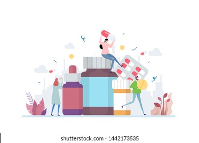 Medication Vector Illustration Concept Showing a various type of medical medicine, Suitable for landing page, ui, web, App intro card, editorial, flyer, and banner.