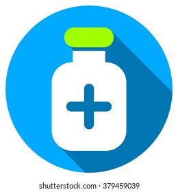 Medication Vial long shadow icon. Style is a light flat symbol with rounded angles on a blue round button.