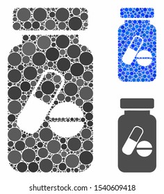 Medication vial mosaic of round dots in various sizes and shades, based on medication vial icon. Vector round dots are united into blue illustration.