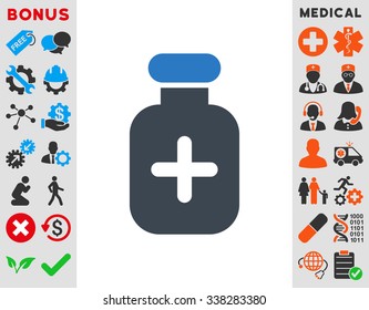 Medication Vial vector icon with bonus. Style is bicolor flat symbol, smooth blue colors, rounded angles, white background.