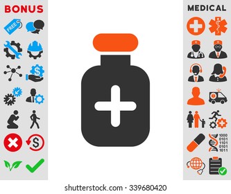 Medication Vial vector icon with bonus. Style is bicolor flat symbol, orange and gray colors, rounded angles, white background.