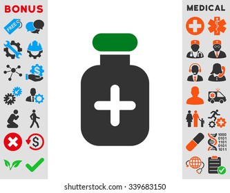 Medication Vial vector icon with bonus. Style is bicolor flat symbol, green and gray colors, rounded angles, white background.